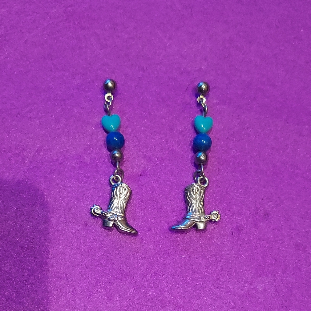 Silver Boot Dangle Earrings with Blue Beads